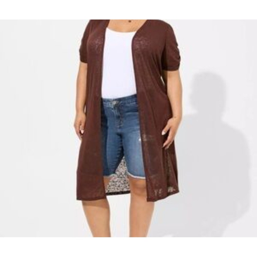 Torrid Short Sleeve Duster Cardigan Size 2X Brown Burnout Rusched Sleeves Light